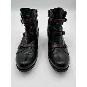 Eric Michael Lena Ankle Booties Women 8.5 Black/Brown Leather Buckle Wedge Heel